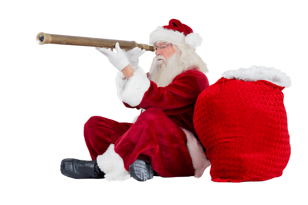 Transparent Santa Claus with Telescope in Search of Christmas Adventure