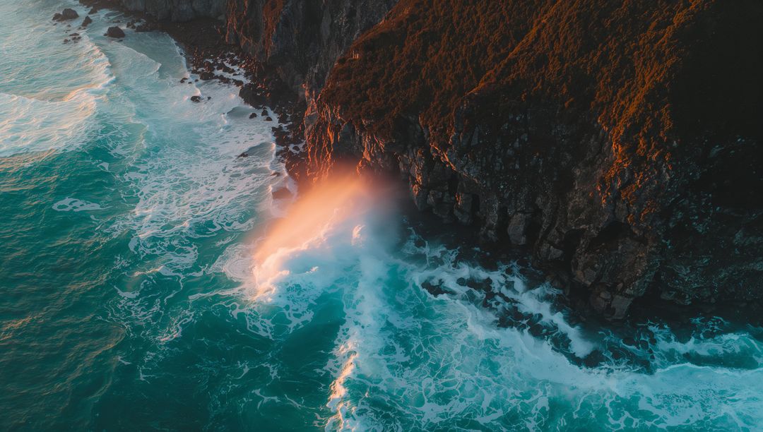Sunlit Waves Crashing Against Rugged Cliff, Turquoise Spray Rising from Aerial Coastline
