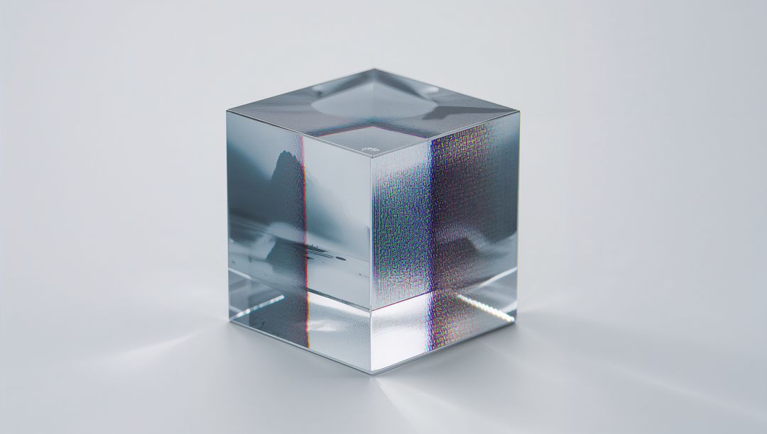 Crystal Glass Cube Displaying Prism Refraction and Caustic Light on Minimalist Surface