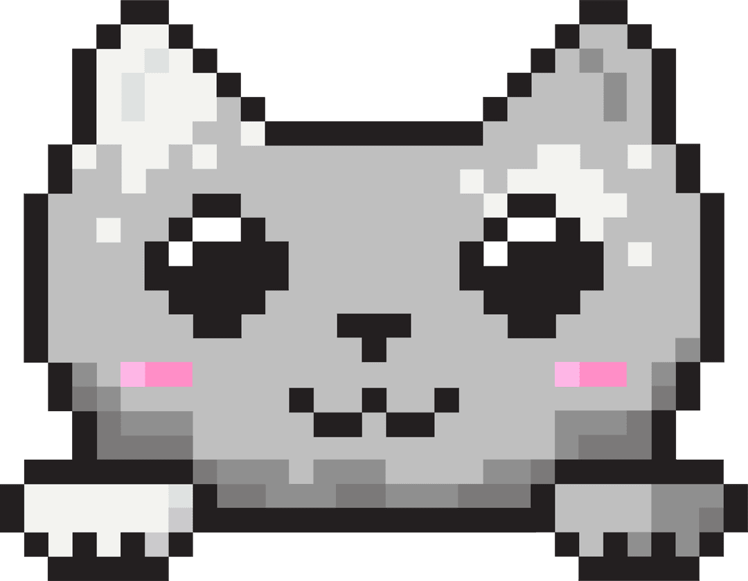 Cute Gray Pixel Art Cat Head with Paws on Transparent Background