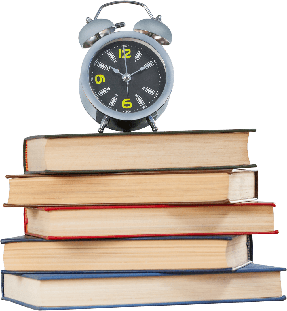 Alarm Clock Over Stack of Books on Transparent Background