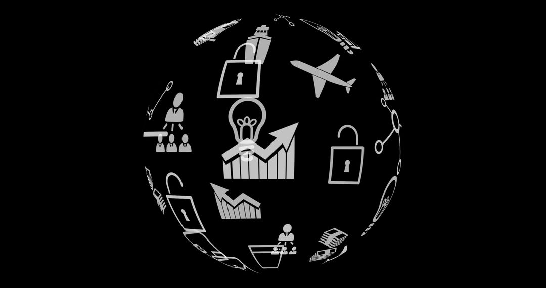 Digital Sphere with Rotating Business and Technology Icons