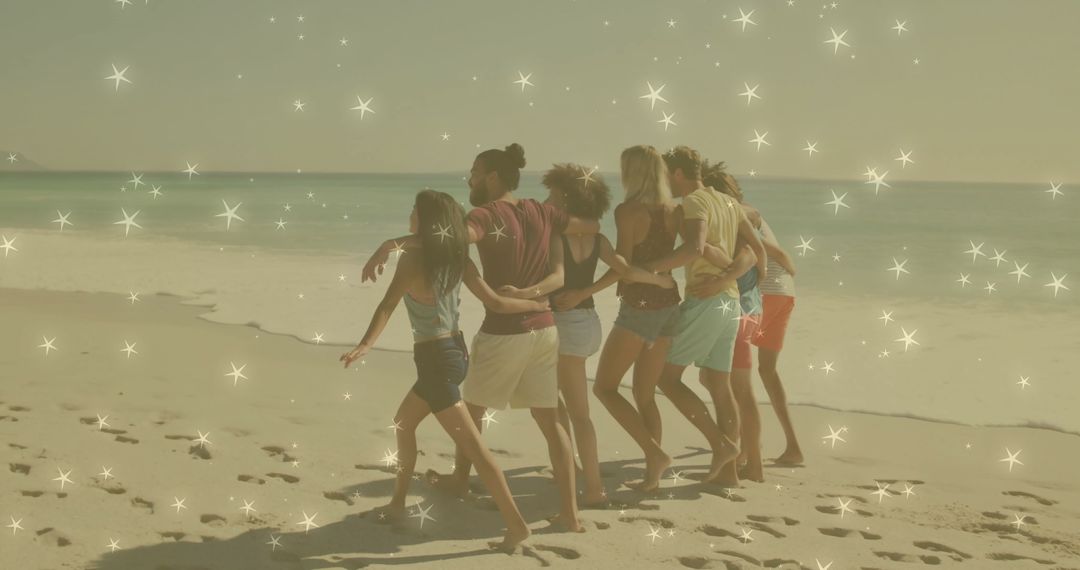 Seven Friends Enjoying Leisurely Walk on Sandy Beach