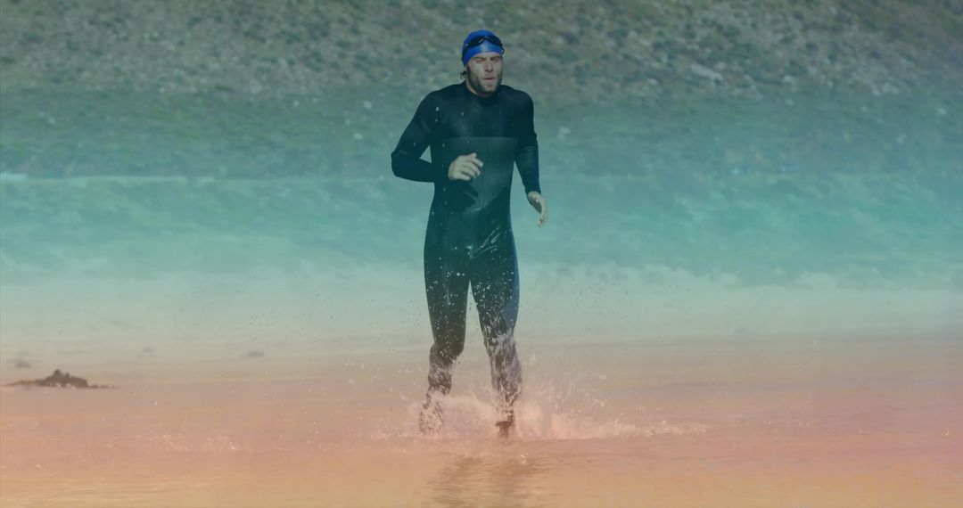 Athlete Emerging from Lake Wearing Wetsuit During Training