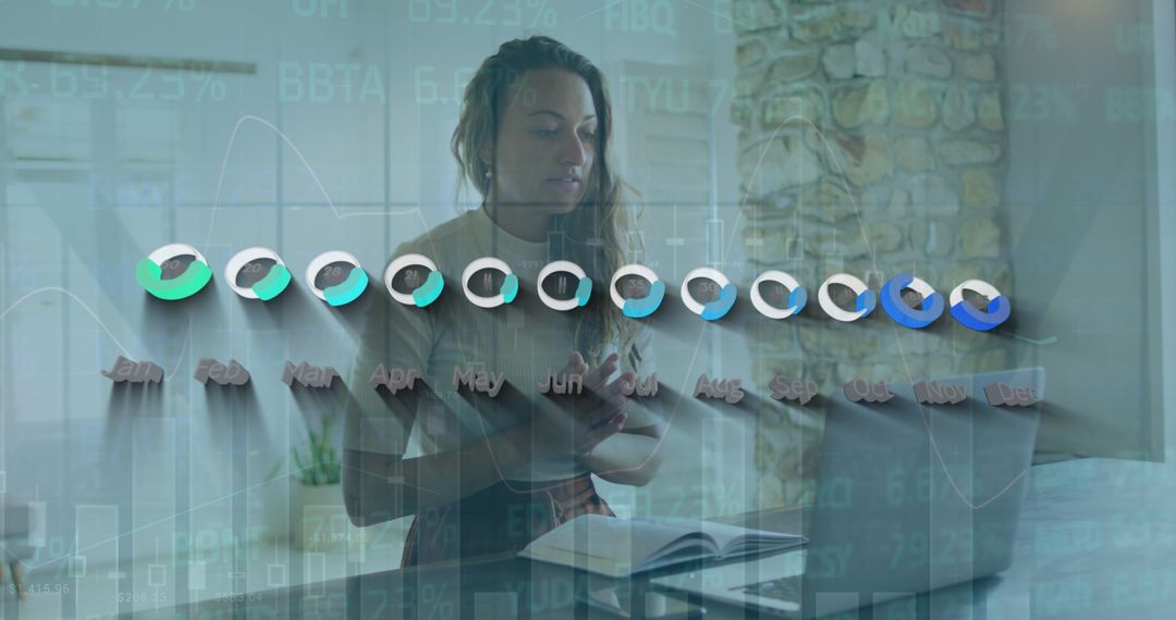 Teenage Girl Involved in Online Learning Surrounded by Graphs and Stats