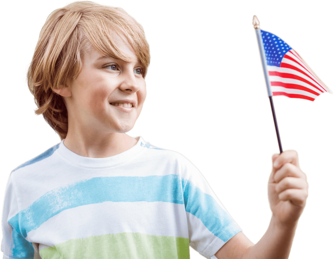 Smiling Boy Holding Small American Flag on Transparent Background
