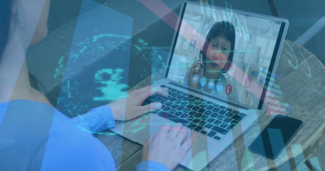 Online Security Padlock Overlay on Video Call with Businesswoman