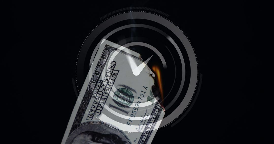 Burning Banknote Under Clock Digital Overlay