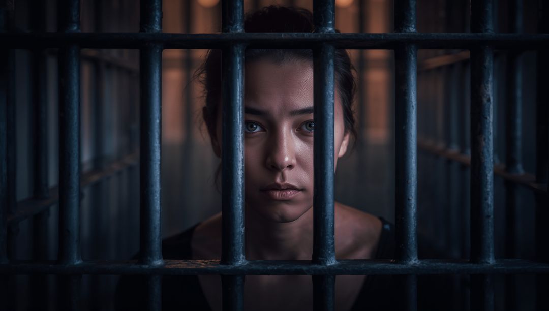 Middle Eastern Woman Standing Behind Prison Bars with Shadowed Light