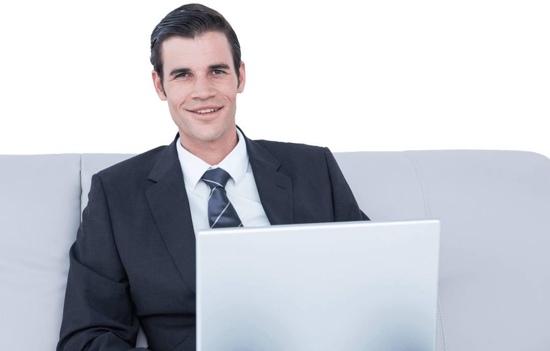 Confident Businessman in Formal Suit with Transparent Laptop
