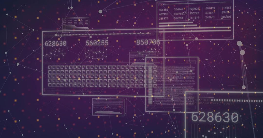 Displaying translucent neon data dashboard with keyboard grid and analytics nodes