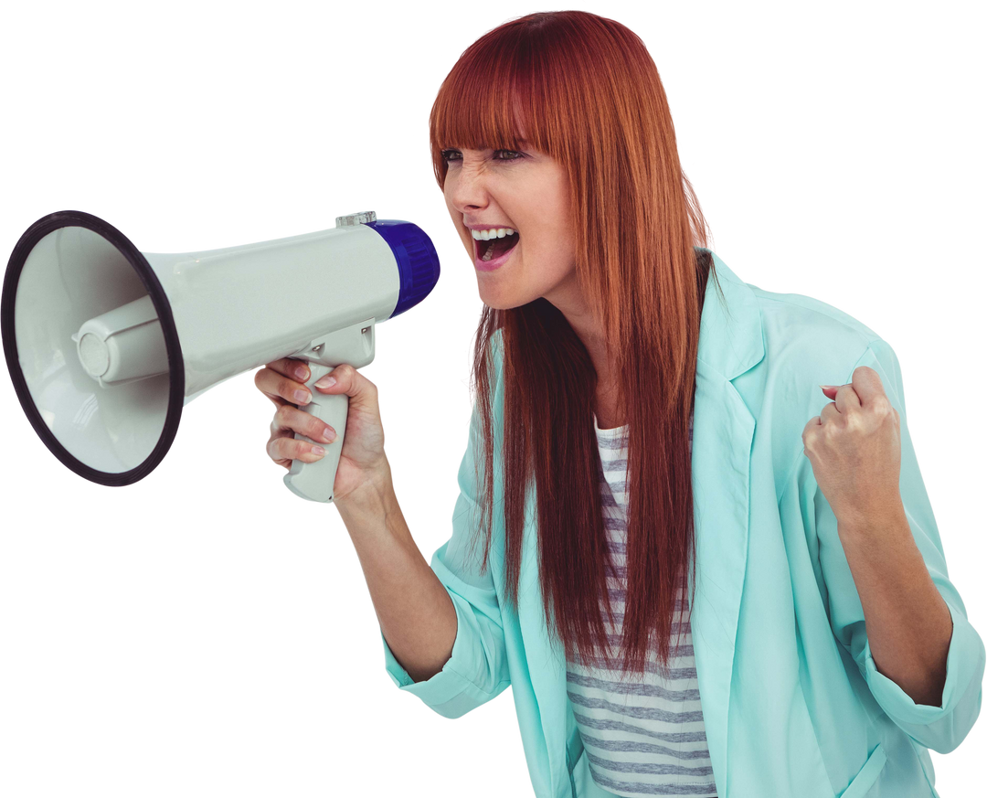 Young Redhead Woman Shouting with Proclaim Megaphone Transparent Background - Download Free Stock Images Pikwizard.com