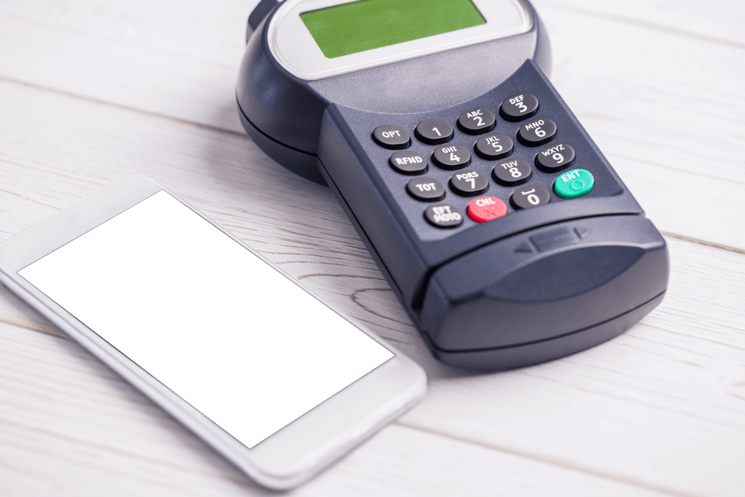 Transparent smartphone with payment terminal ideal for technology concept