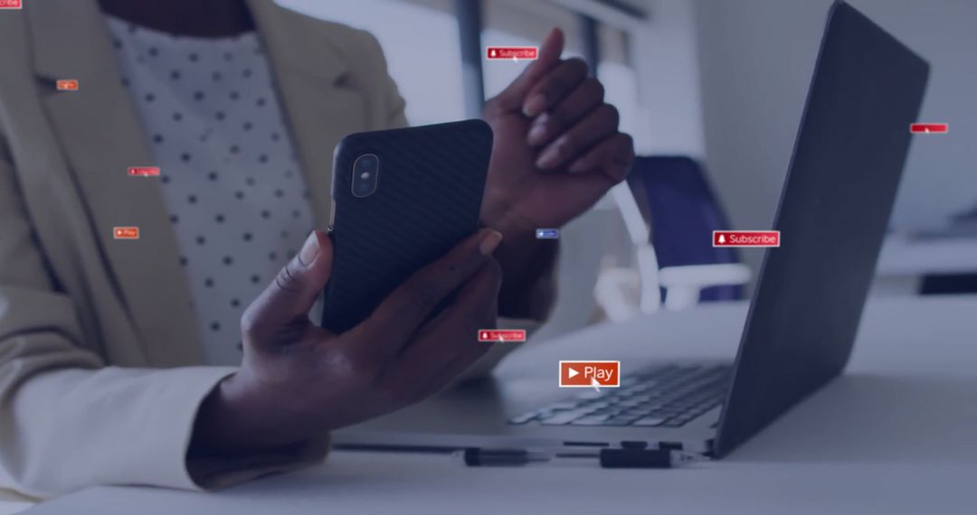 Businesswoman Using Smartphone with Digital Data Visualizations