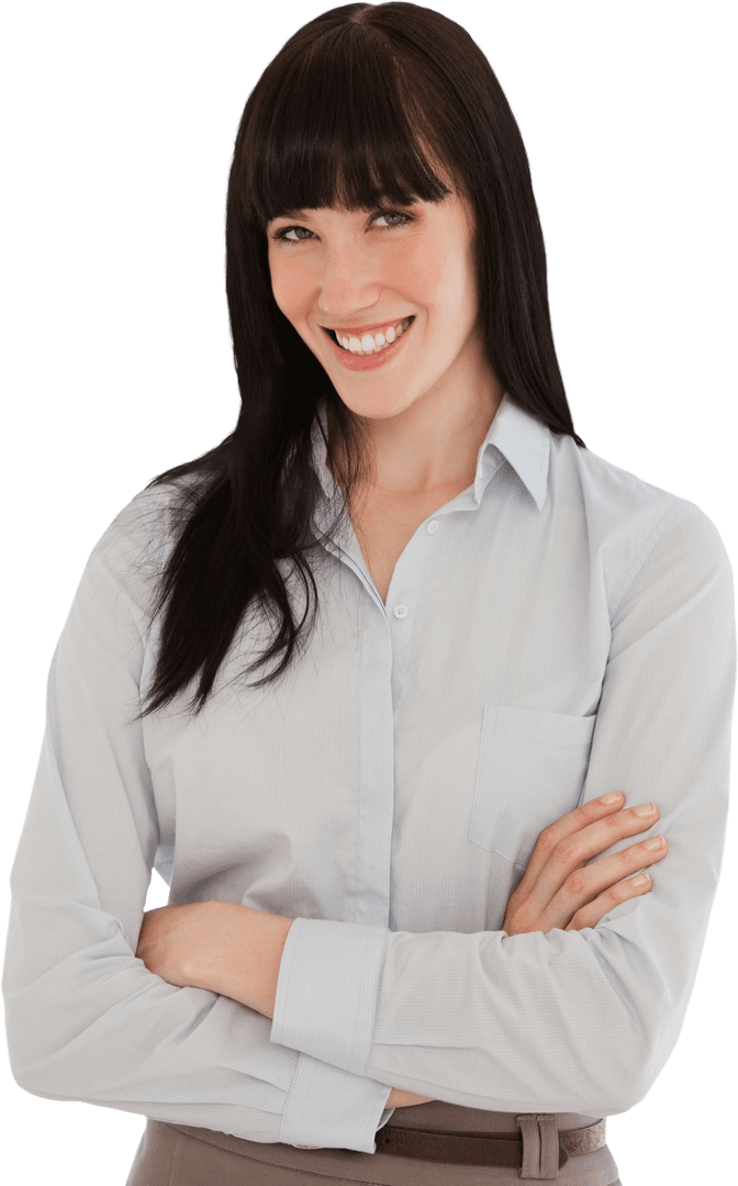 Transparent Smiling Businesswoman in Formal Attire with Folded Arms