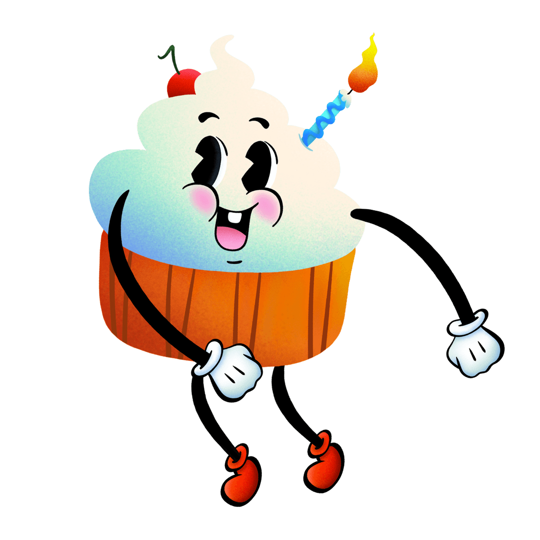Retro Cupcake Character Celebrating with Joy on Transparent Background