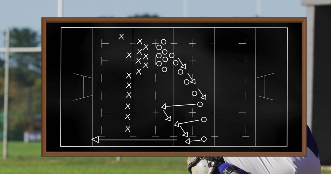 Football Chalkboard Play Diagram with Xs and Os and Helmeted Player Watching