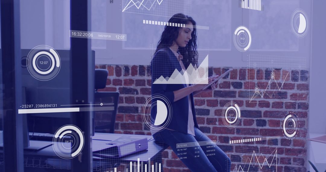 Businesswoman Analyzing Data with Virtual Graphs in Modern Office