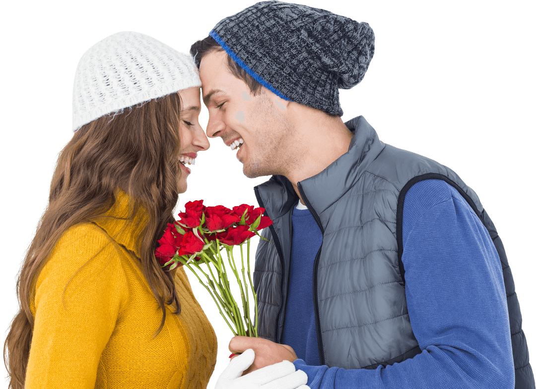 Romantic Couple with Roses and Winter Clothing on Transparent Background