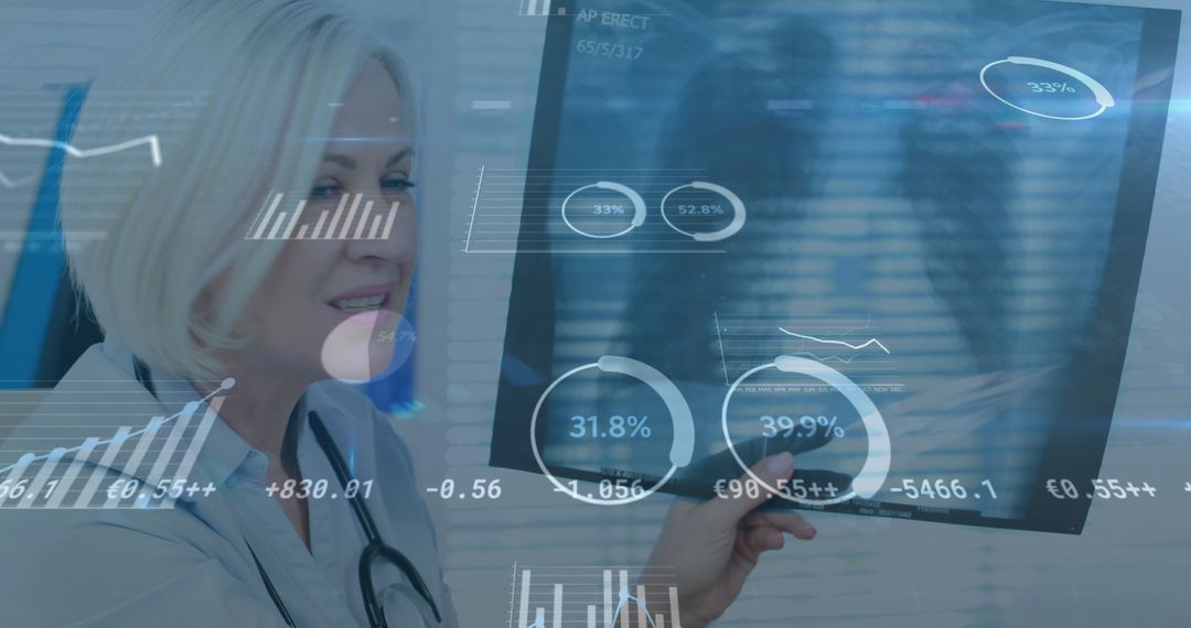 Female Doctor Analyzing X-Ray with Data Overlay