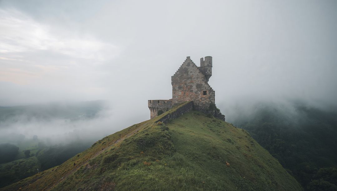 Crumbling stone castle crowning misty ridge, ancient turret overlooking fog-filled valley