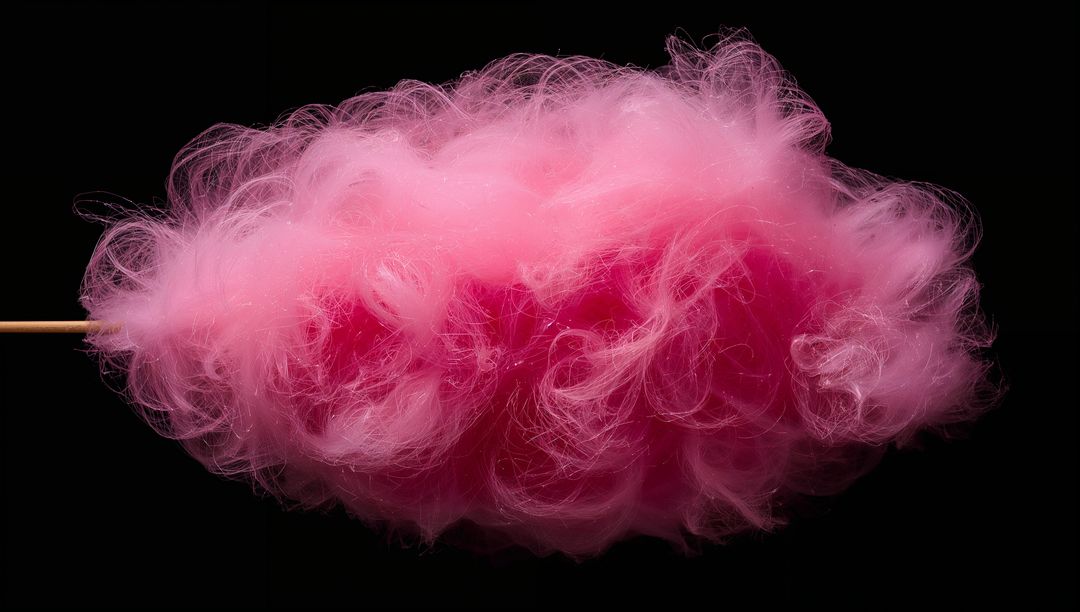 Pink Cotton Candy Cloud Floating on Wooden Stick Against Black Backdrop, Fluffy Texture