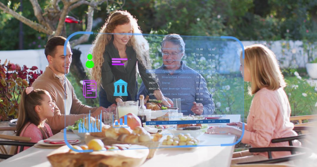 Multigenerational Family Alfresco Gathering with Augmented Reality Financial Dashboard Overlay