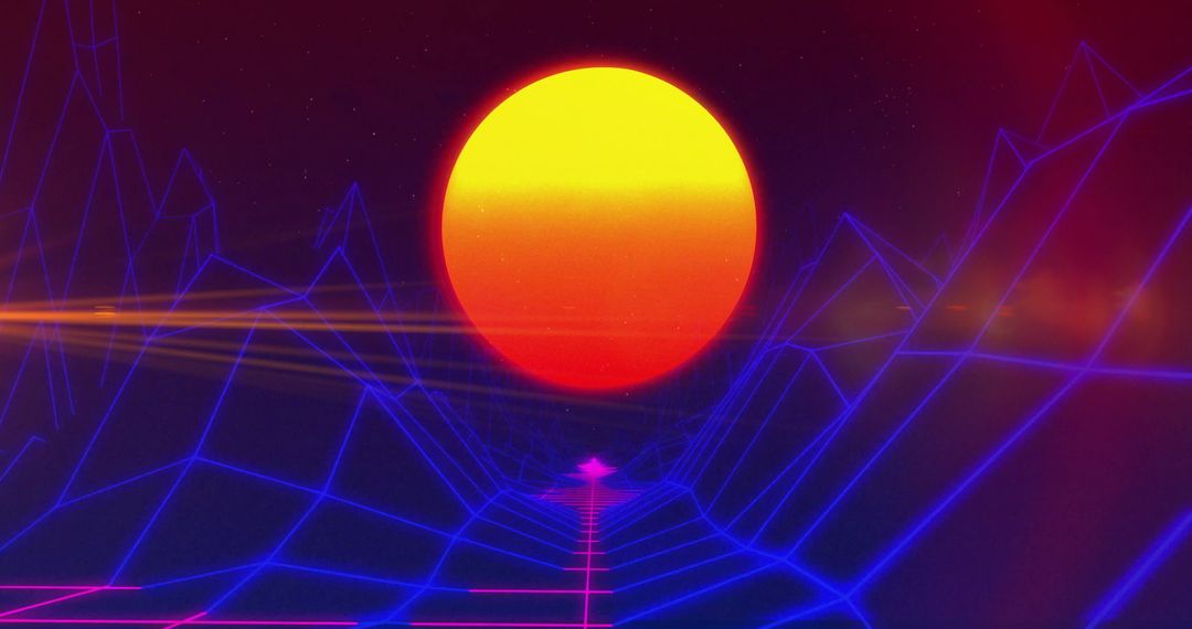 Vibrant Neon Sun Over Synthwave Landscape with Grid Lines