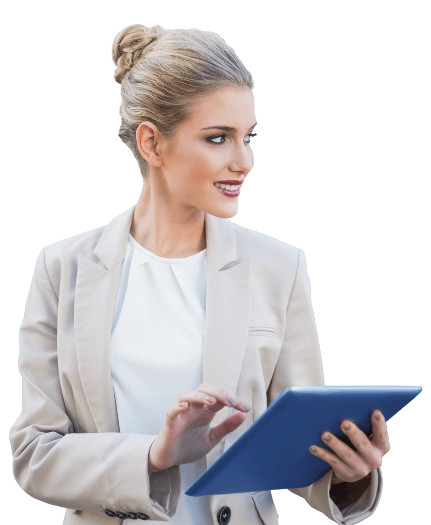 Transparent Background Businesswoman Using Tablet Smiling