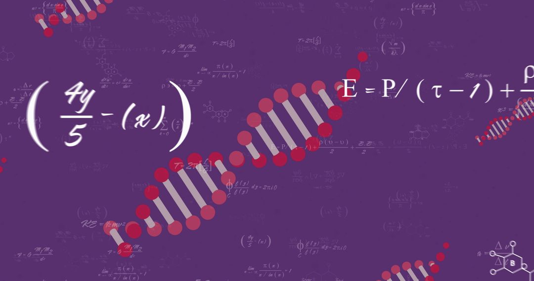 Abstract DNA Strands and Mathematical Formulas on Purple Background
