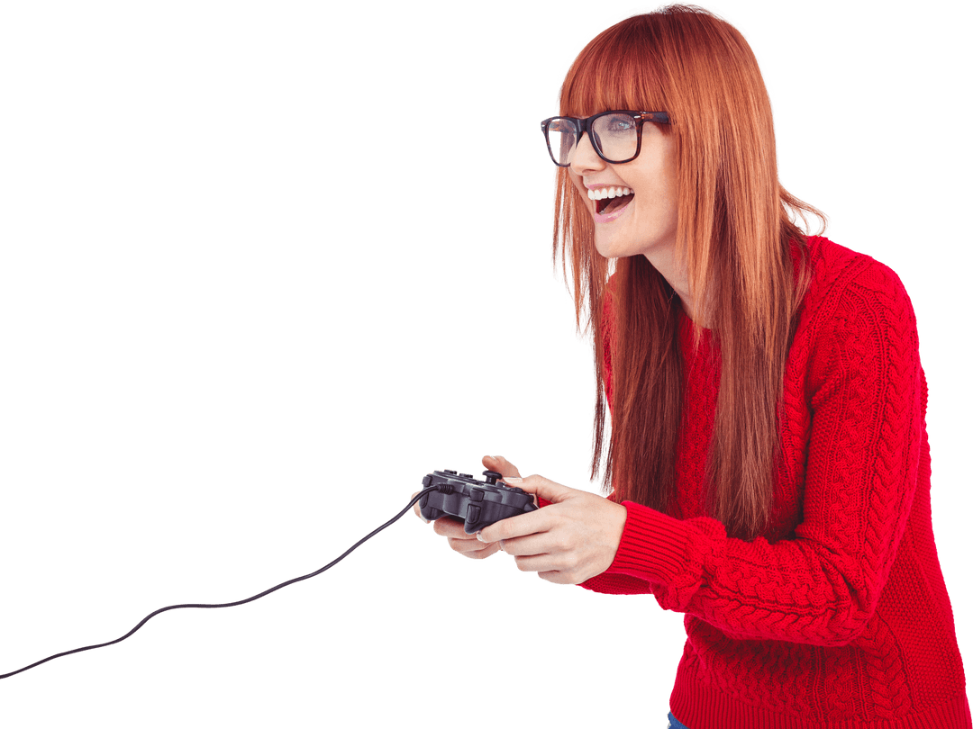 Transparent Hipster Woman Engaging with Video Game Controller