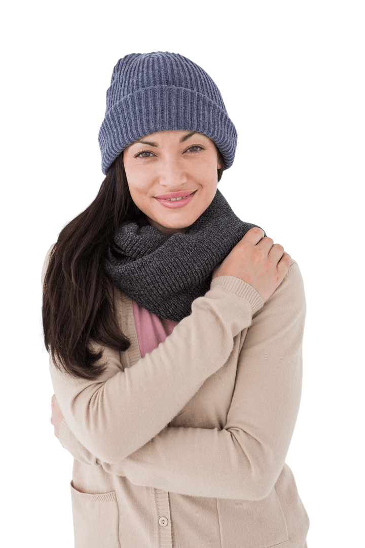 Smiling Woman in Transparent Background with Winter Clothing