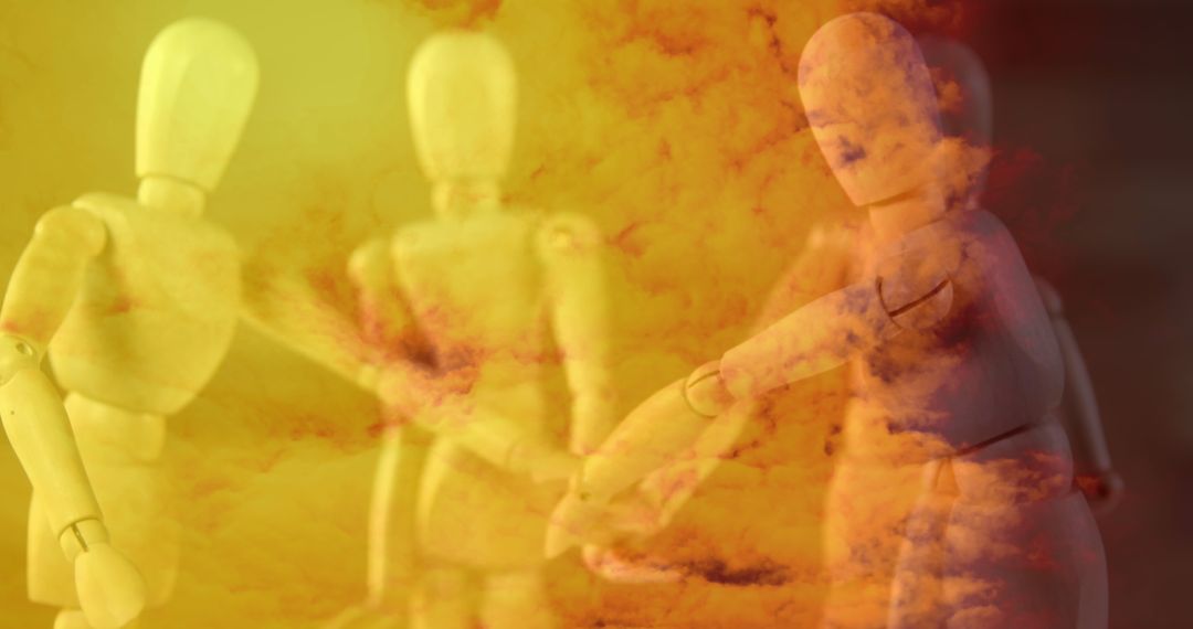 Wooden Mannequins Shaking Hands in Abstract Orange Cloud Scene