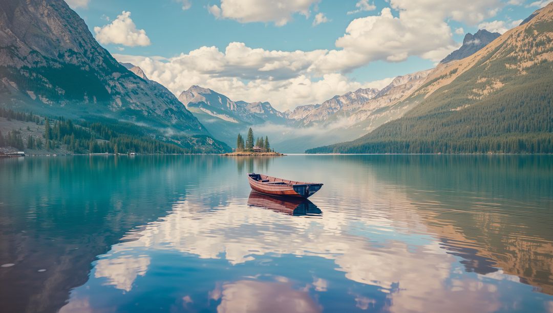 Rowboat Drifting on Pristine Alpine Lake in Tranquil Wilderness