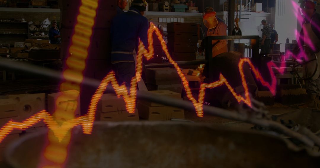 Technicians Collaborate in Industrial Workshop with Data Graphics Overlay