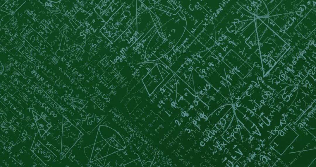 Complex Green Chalkboard with Math Formulas and Geometric Shapes