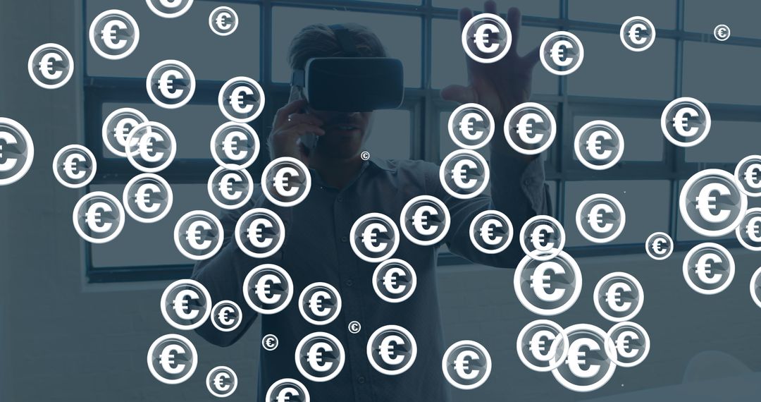 Man Interacting with Virtual Euro Symbols Using VR Headset
