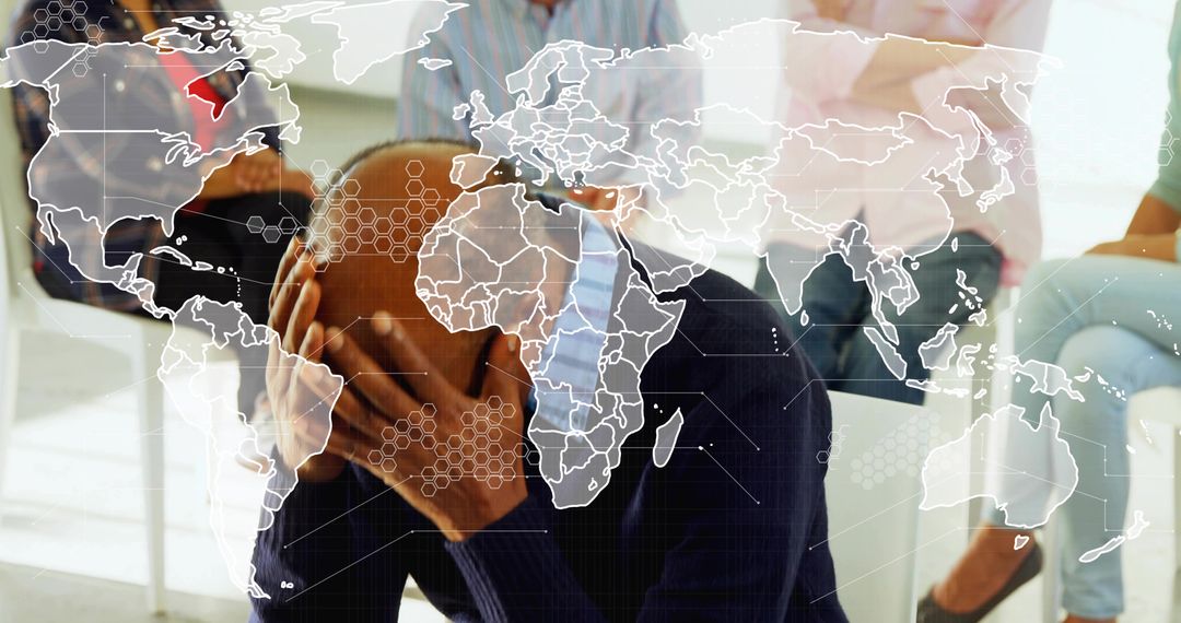Bald man covering face in support group with world map and hexagonal data overlay