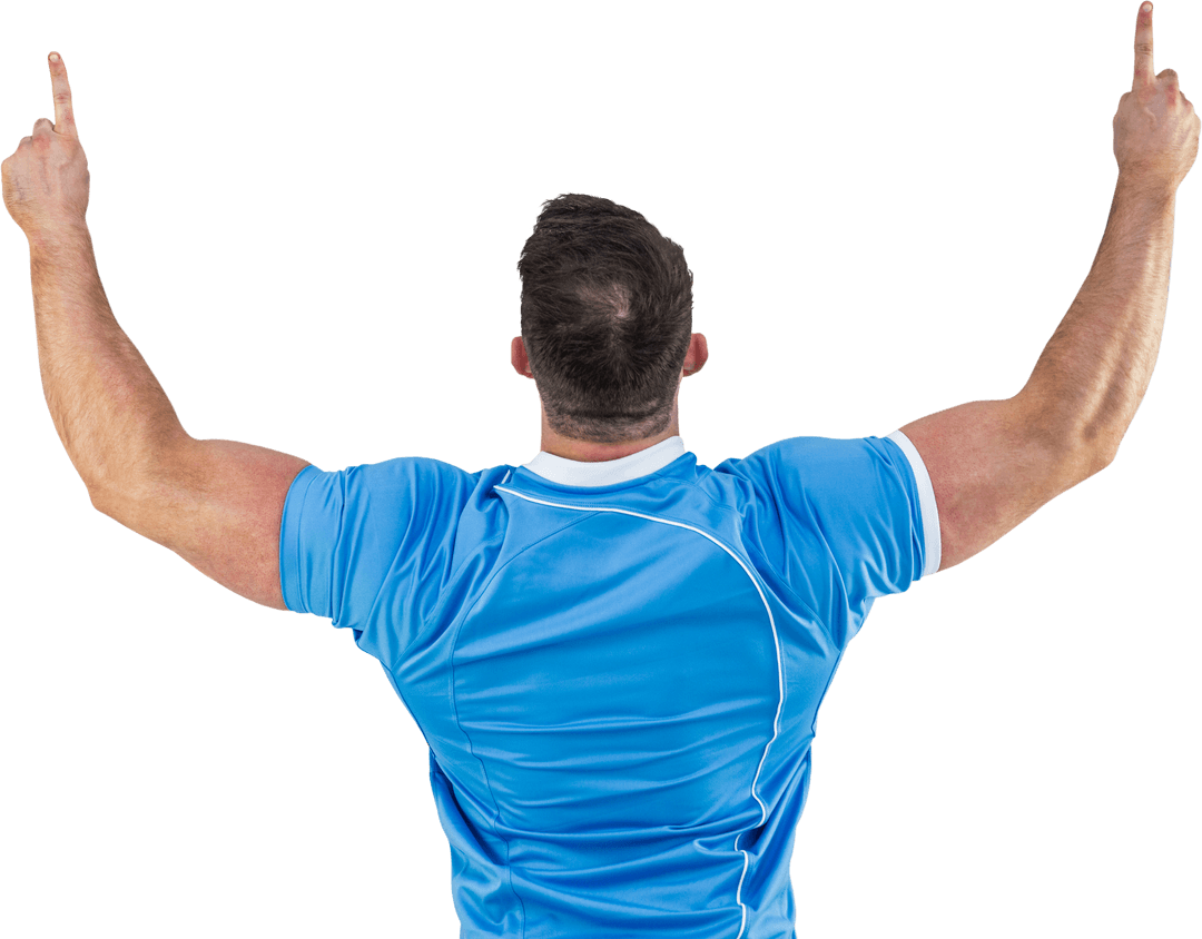 Rugby Player in Blue Jersey Cheering with Transparent Background