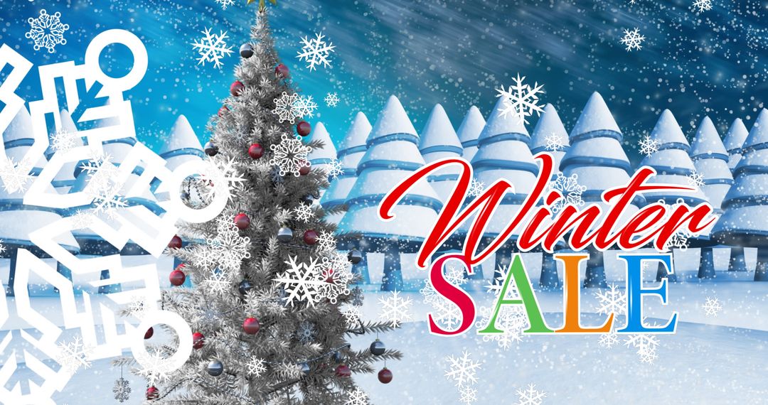 Winter Sale Promotion Over Snowy Landscape with Christmas Tree