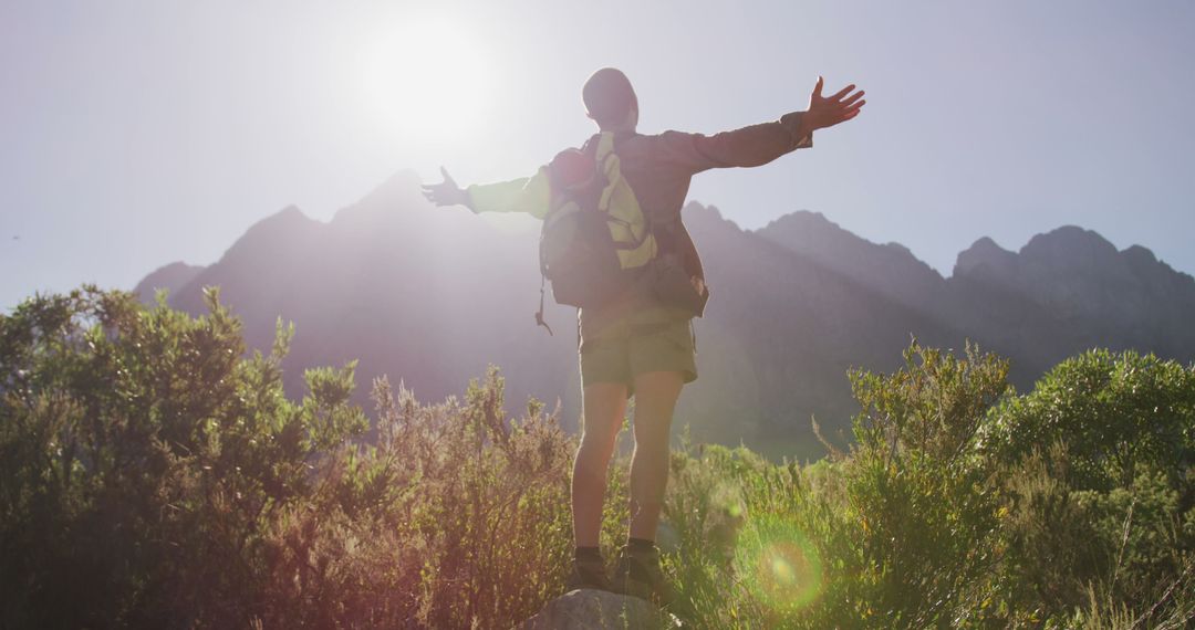 Hiker with Backpack Embracing Nature's Majesty in Mountain Landscape - Free Images, Stock Photos and Pictures on Pikwizard.com