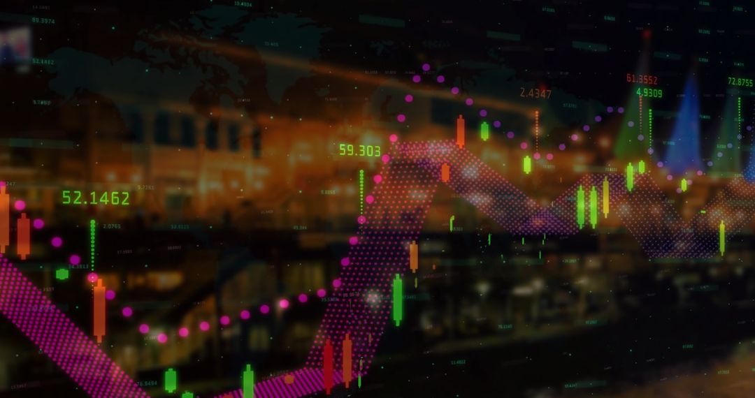 Digital Stock Market Chart Overlay on Cityscape at Night