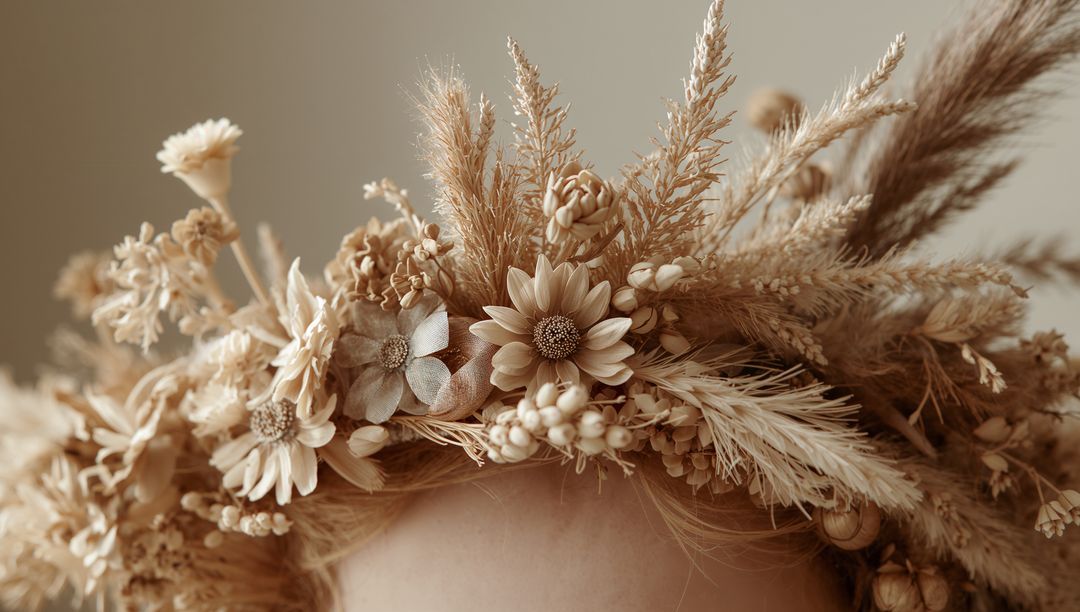 Dried Floral Crown with Pampas Grass in Warm Beige Boho Style for Wedding and Editorial