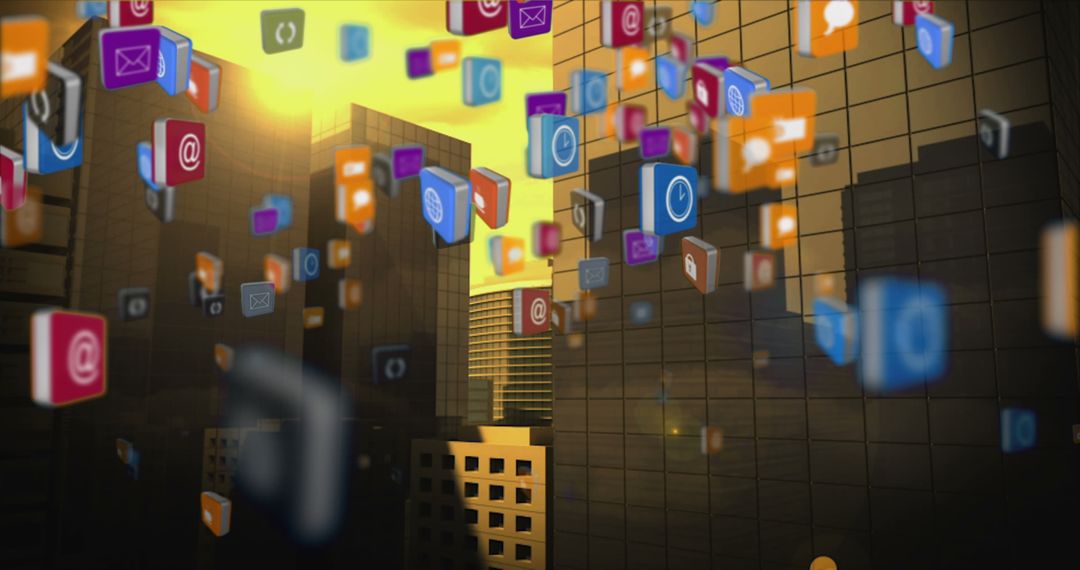 Social Media Icons Floating in Modern Cityscape