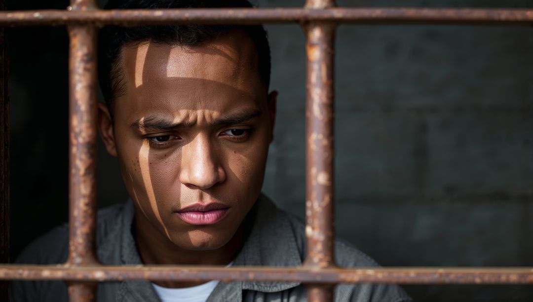 Solitary Man in Prison Cell with Rusty Bars Reflecting