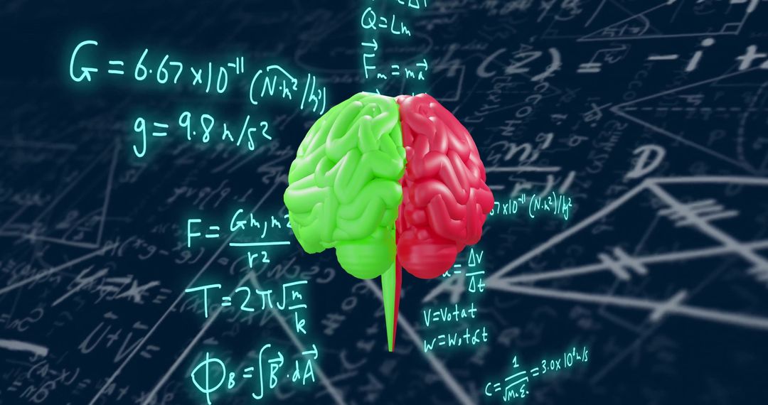Bright Brain Model with Glowing Math Equations on Dark Background