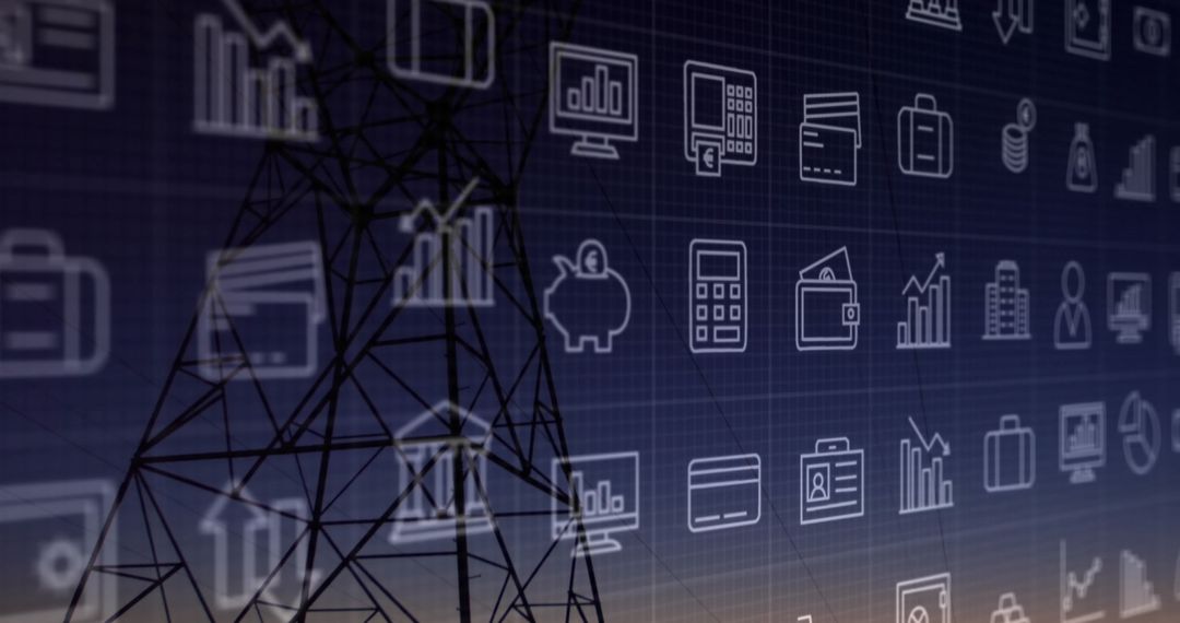 Lattice Transmission Tower with Financial Technology Icons