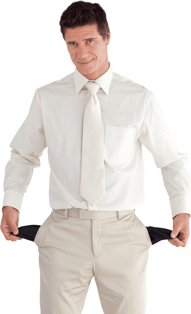 Confident Businessman with Empty Pockets on Transparent Background