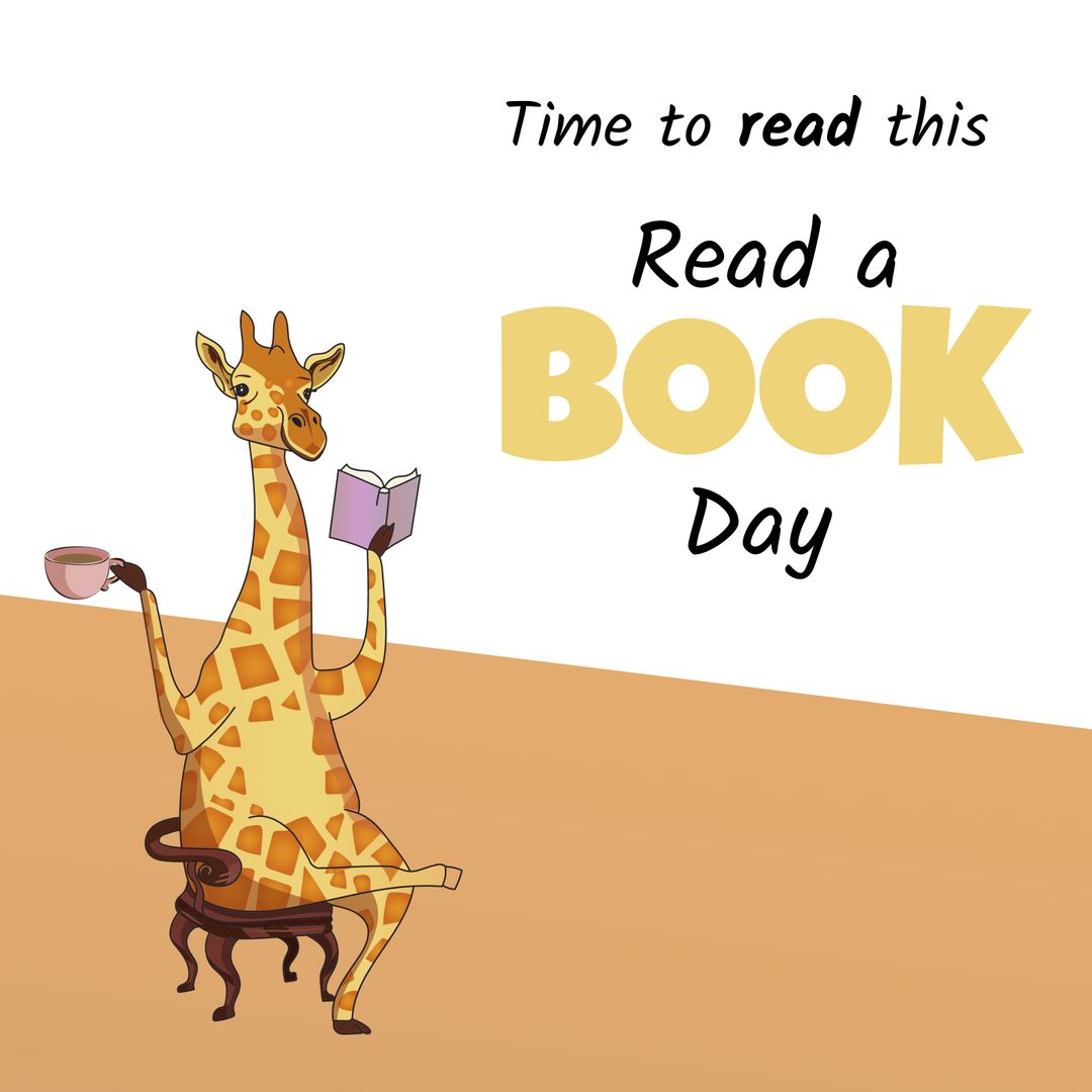 Giraffe Enjoying Book and Coffee with Read a Book Day Message