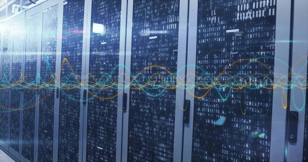 Futuristic Data Streams Over High-Tech Server Room